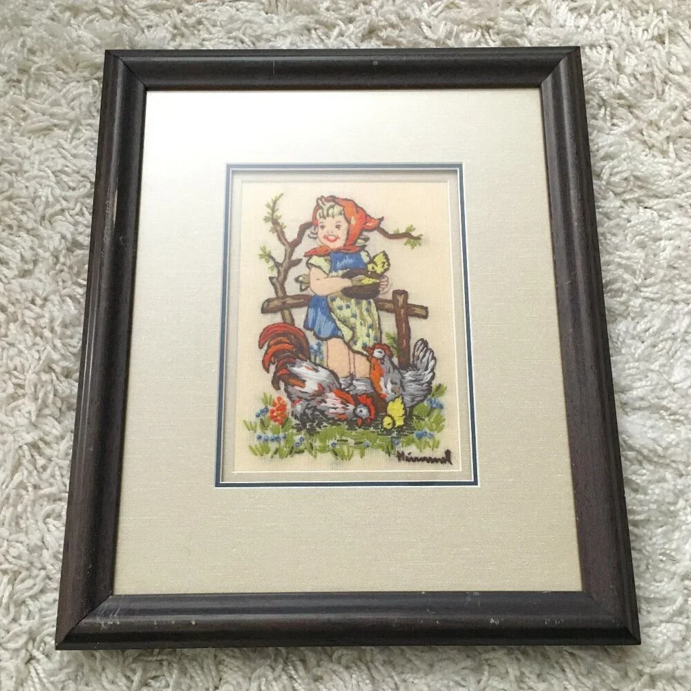 Vintage Hummel Needlework Girl Feeding Chickens Fowls 3-D Embroidery Framed - Picture 2 of 12